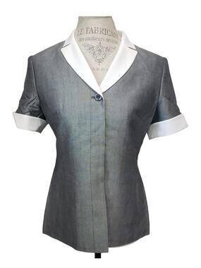 Kasper A S L Petite Gray & White Short Sleeved Hidden Button Up Blazer Shirt